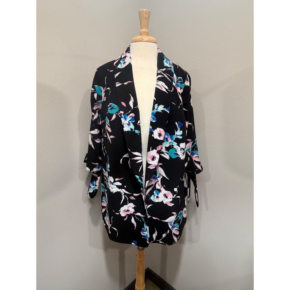 Lane Bryant Floral Tie Sleeve Blazer Jacket Black Pink Plus Size 14/16 Lined